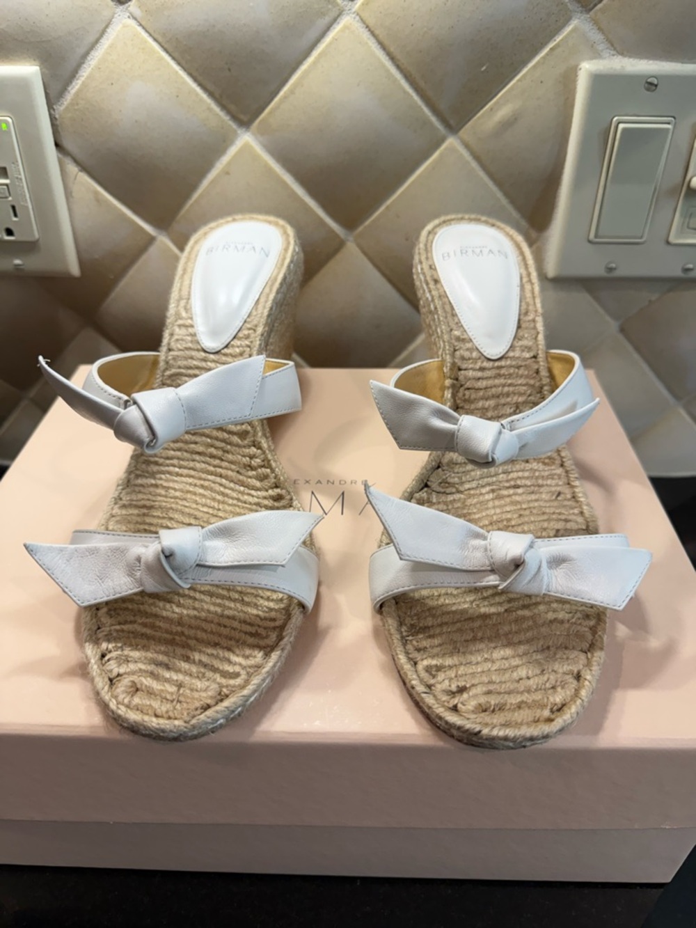 Alexandre Birman White Leather Knot Espadrille Wedge Slides